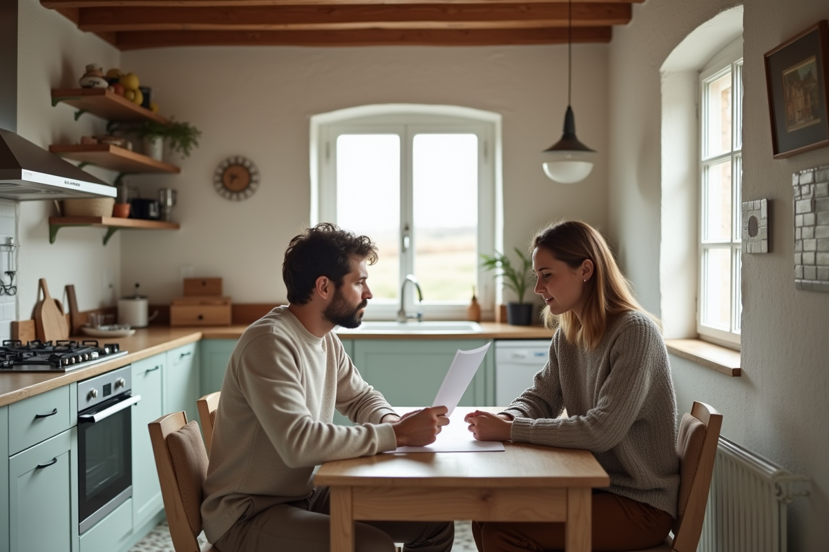 Jeune couple dans une cuisine avec documents immobiliers