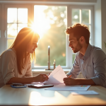 Couple professionnel analysant des documents immobiliers à la maison