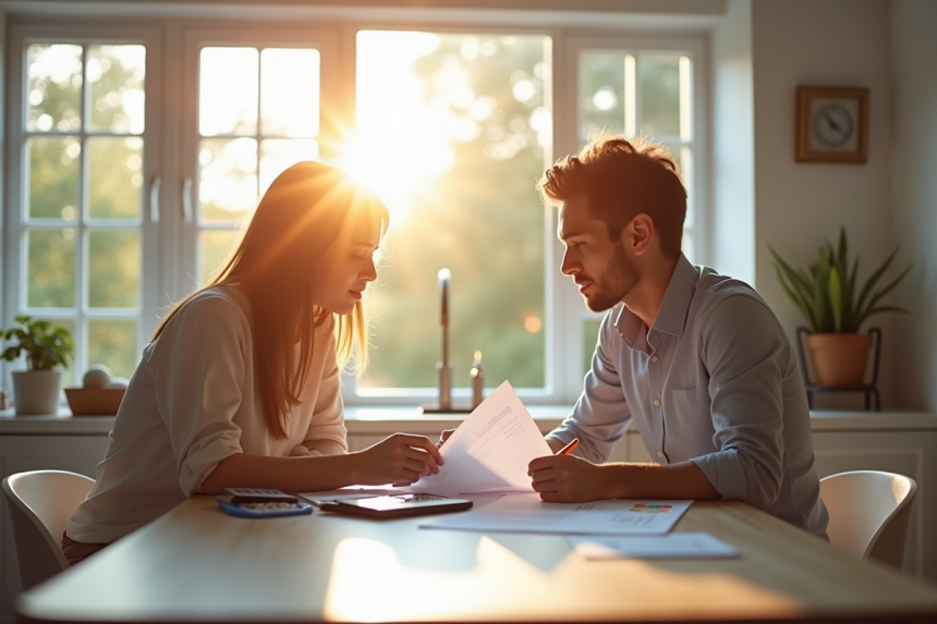 Couple professionnel analysant des documents immobiliers à la maison