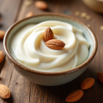 Bol de creme d'amande fraîche sur une table en bois