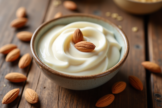 Bol de creme d'amande fraîche sur une table en bois