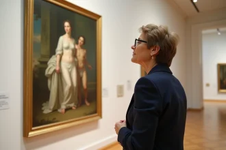 Curatrice de musée examinant une peinture allégorique américaine du XIXe siècle dans une galerie d'art