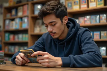 Jeune joueur débutant examinant une carte Pokémon dans une boutique de jeux de cartes à collectionner