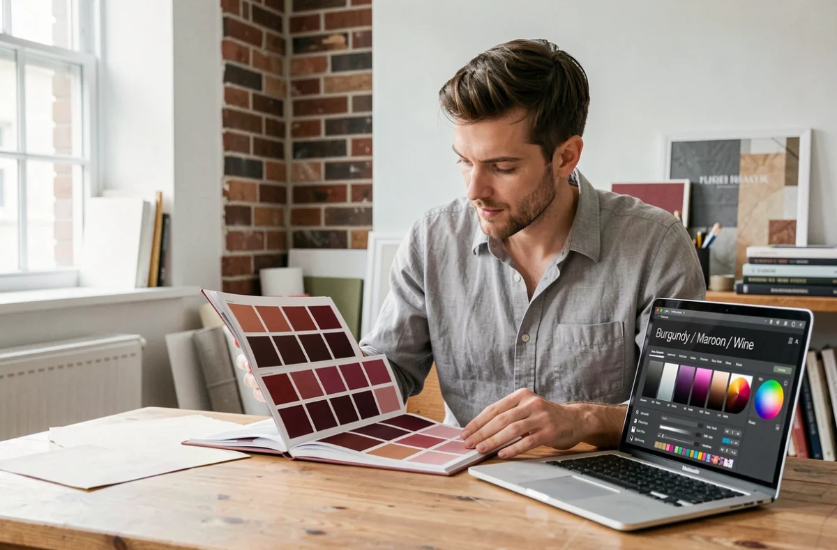 Designer graphique comparant des nuances de couleur bordeaux dans un studio créatif avec un nuancier professionnel