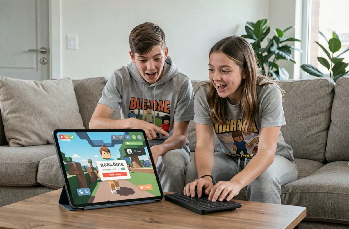 Deux adolescents découvrant des codes promo pour le jeu Roblox Anime Last Stand sur une tablette dans un salon moderne