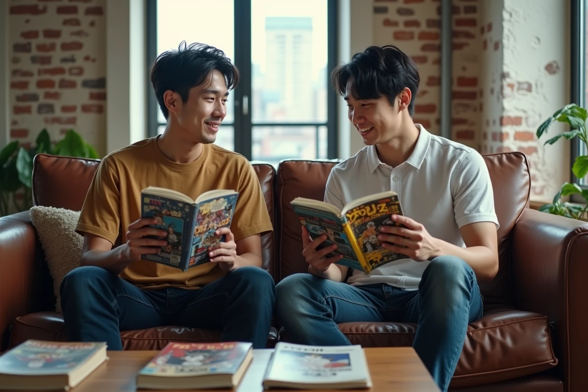 Deux amis adultes discutant des différences entre manga et manhwa dans un salon urbain décontracté