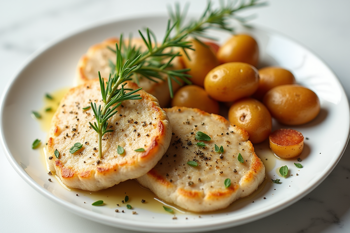 Assiette de dinde aux herbes avec pommes de terre rôties et herbes fraîches