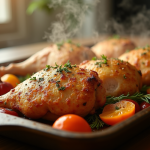 Tranches de dinde au four avec herbes de Provence sur un plateau rustique