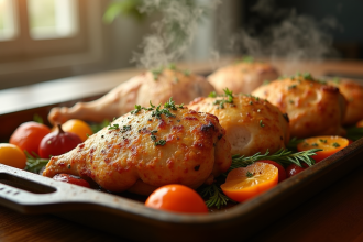 Tranches de dinde au four avec herbes de Provence sur un plateau rustique