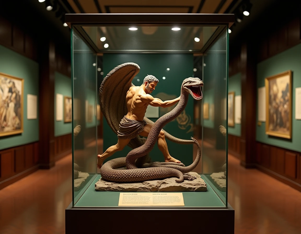 Diorama de musée représentant Hercule combattant l'Hydre de Lerne dans une vitrine d'exposition