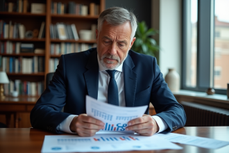 Economiste homme en costume dans un bureau avec graphiques