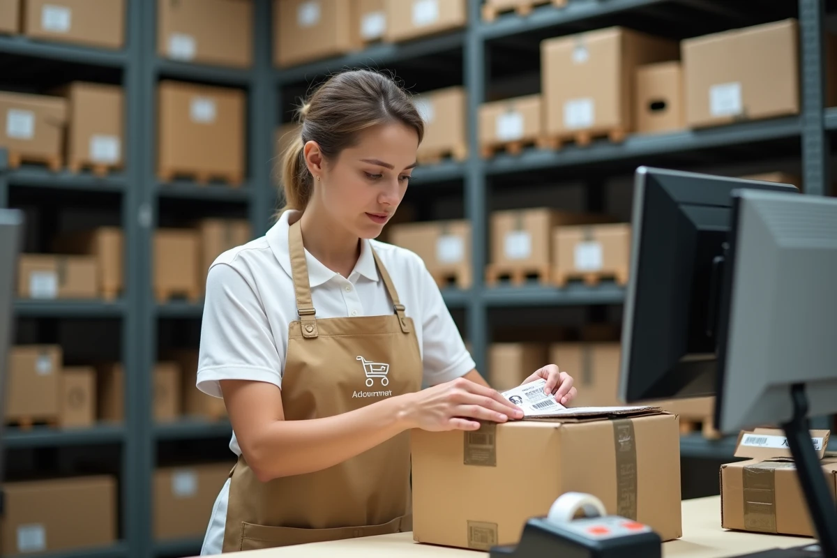 Employée du SP Supermarché Châtillon préparant un colis dans la zone de traitement du point relais