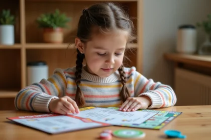 Jeune fille lisant les règles du Monopoly Junior à une table de cuisine en bois avec le plateau et les pièces du jeu étalés devant elle