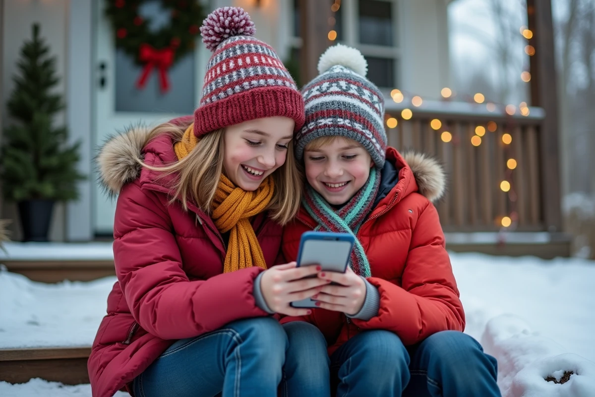 Deux enfants sur les marches d'un porche enneigé regardant un compte à rebours Noël 2026 sur un smartphone, tenue hivernale festive