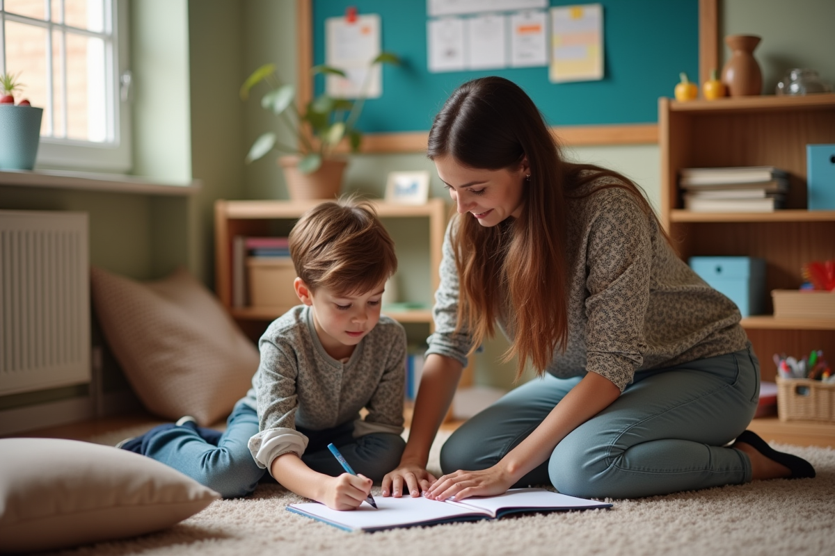 Enseignante guide un élève dans un coin de classe