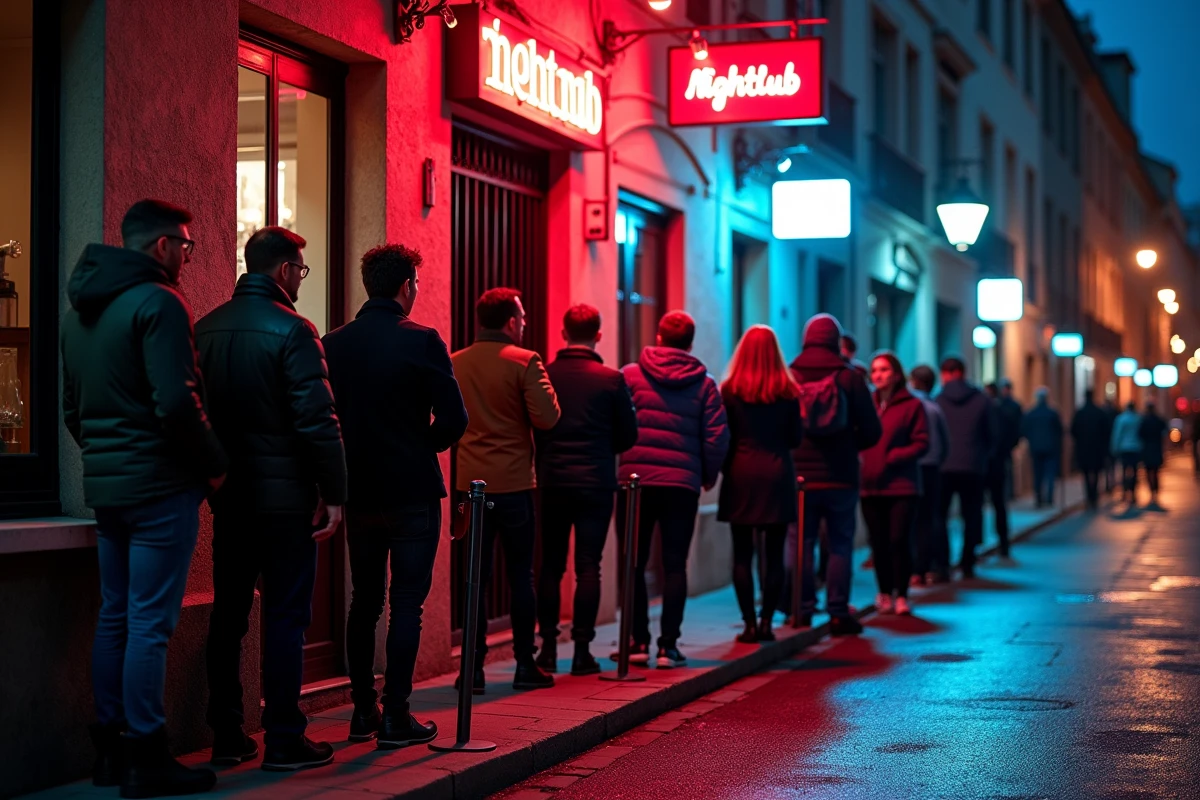 File d'attente devant l'entrée d'une boîte de nuit à Perpignan un jeudi soir, ambiance urbaine du sud de la France