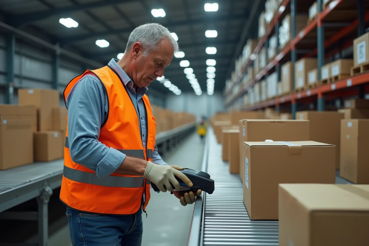 Agent logistique GLS scannant des colis sur un tapis roulant dans un entrepôt de tri
