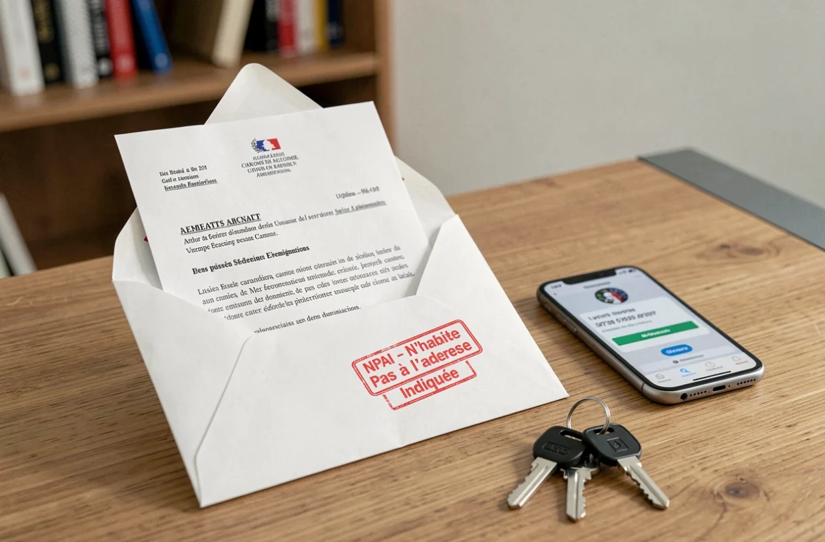 Enveloppe administrative retournée avec tampon NPAI et lettre France Travail sur un bureau