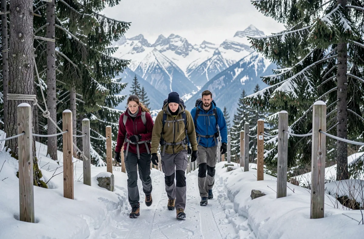 Groupe de joueurs en tenue de randonnée résolvant des énigmes en plein air dans un sentier alpin enneigé pour Escape Aventure à Champéry, piste des contrebandiers