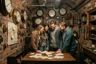 Groupe de joueurs adultes résolvant des énigmes dans une salle d'escape game en Haute-Savoie, ambiance mystérieuse avec cadenas et indices sur les murs