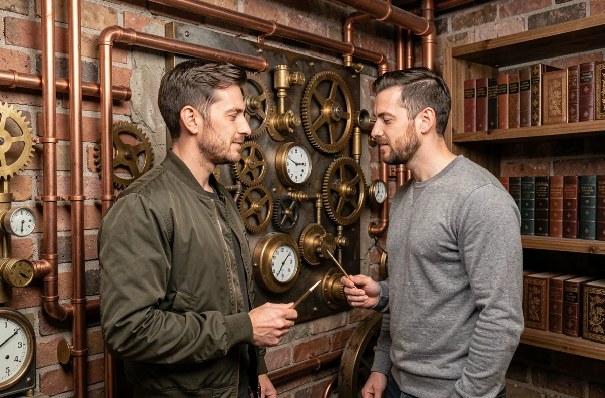 Deux joueurs étudiant un mécanisme steampunk à engrenages dans une salle d'Eskap à Annecy, décor industriel vintage avec tuyaux en cuivre