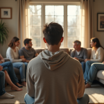 Jeune adulte isolé face à une famille réunie dans le salon