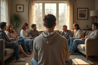 Jeune adulte isolé face à une famille réunie dans le salon