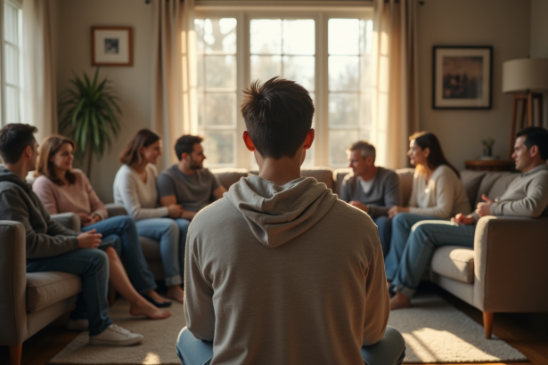 Jeune adulte isolé face à une famille réunie dans le salon