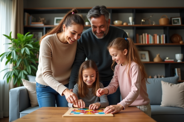 Famille diverse jouant à un jeu de société dans un salon chaleureux