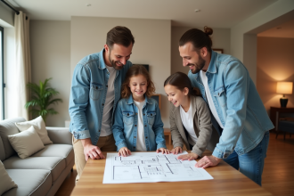 Famille de quatre dans un salon moderne et spacieux