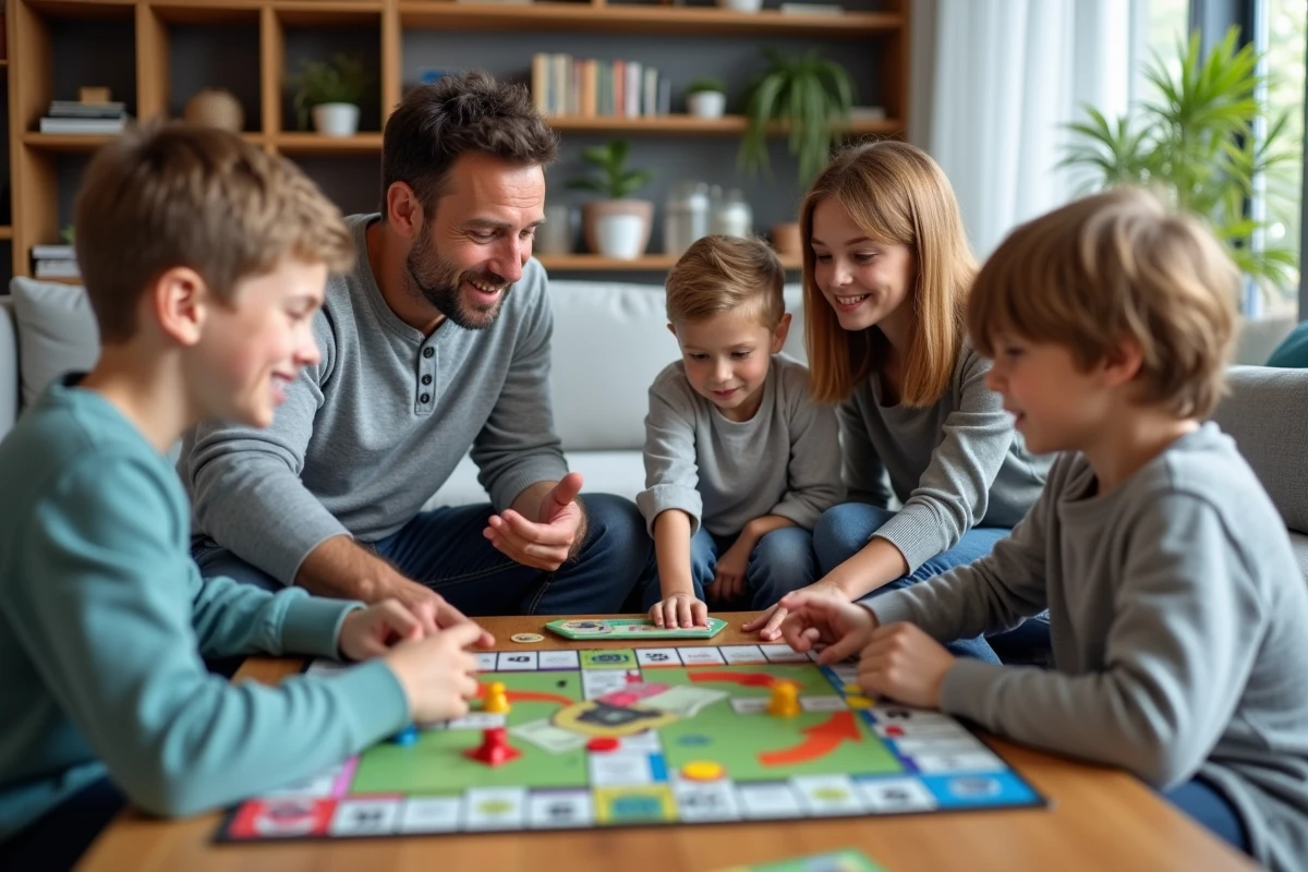 Famille jouant au Monopoly Junior dans le salon, le père expliquant une règle du jeu à ses enfants autour d'un plateau coloré