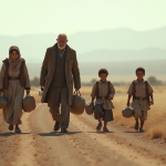 Famille multigeneration marchant dans la plaine aride