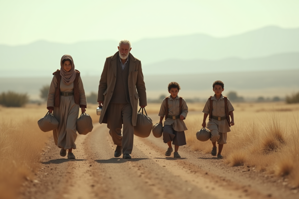 Famille multigeneration marchant dans la plaine aride