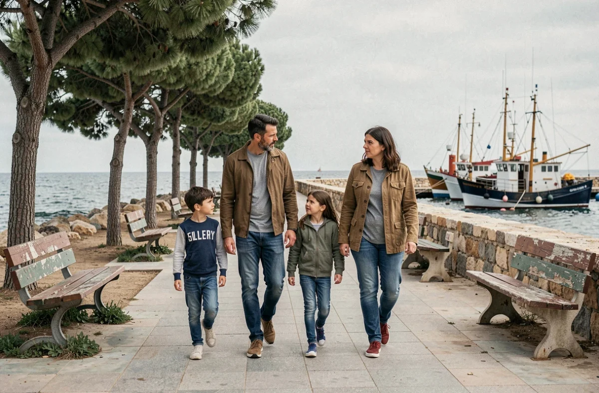 Famille se promenant sur le front de mer de La Ciotat avec une expression préoccupée