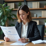 Femme d'affaires examine un rapport financier dans un bureau moderne