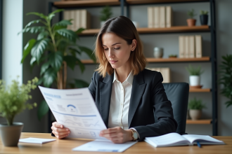 Femme d'affaires examine un rapport financier dans un bureau moderne