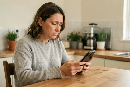Femme consultant un annuaire inversé gratuit sur son smartphone dans une cuisine moderne pour identifier un numéro 06 inconnu