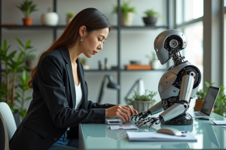 Jeune femme assemble un robot humanoide dans un espace hightech