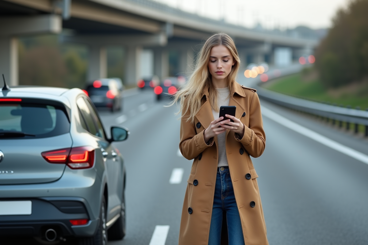 Jeune femme avec trench coat et smartphone sur l