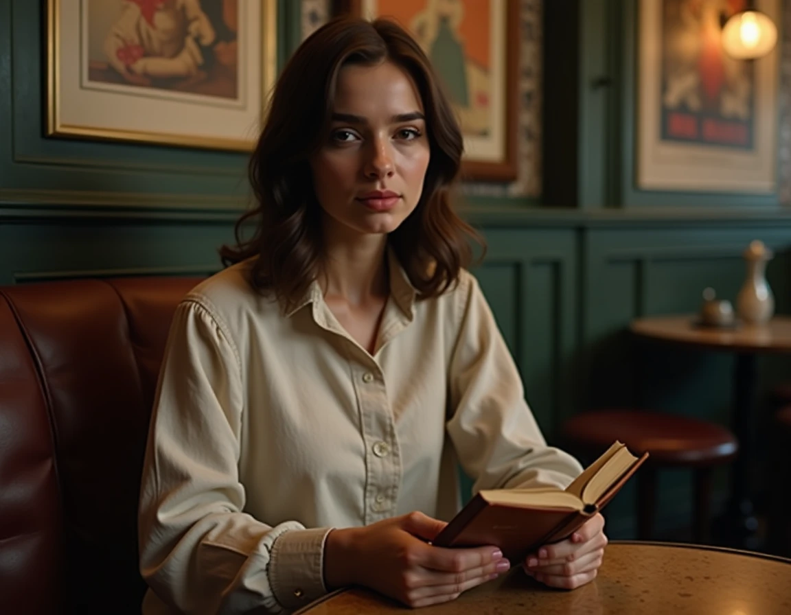 Jeune femme pensive dans un bistrot parisien vintage, atmosphère romantique et mélancolique rappelant les paroles poétiques de Francis Cabrel