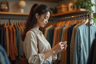 Femme examinant des étiquettes de vêtements dans une boutique