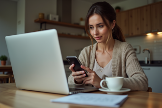 Femme d'âge moyen au bureau à domicile avec smartphone