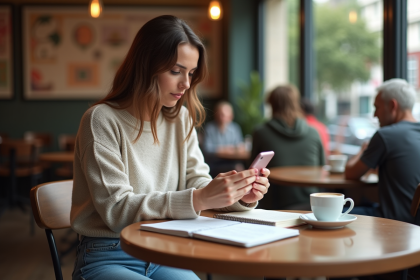Jeune femme au café utilisant son smartphone pour traduire