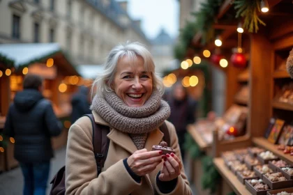 Femme dégustant chocolat artisanal au marché de Noël de Lyon