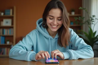 Femme jouant à Coin Master sur smartphone avec lien de tour gratuit pour bonus instantané