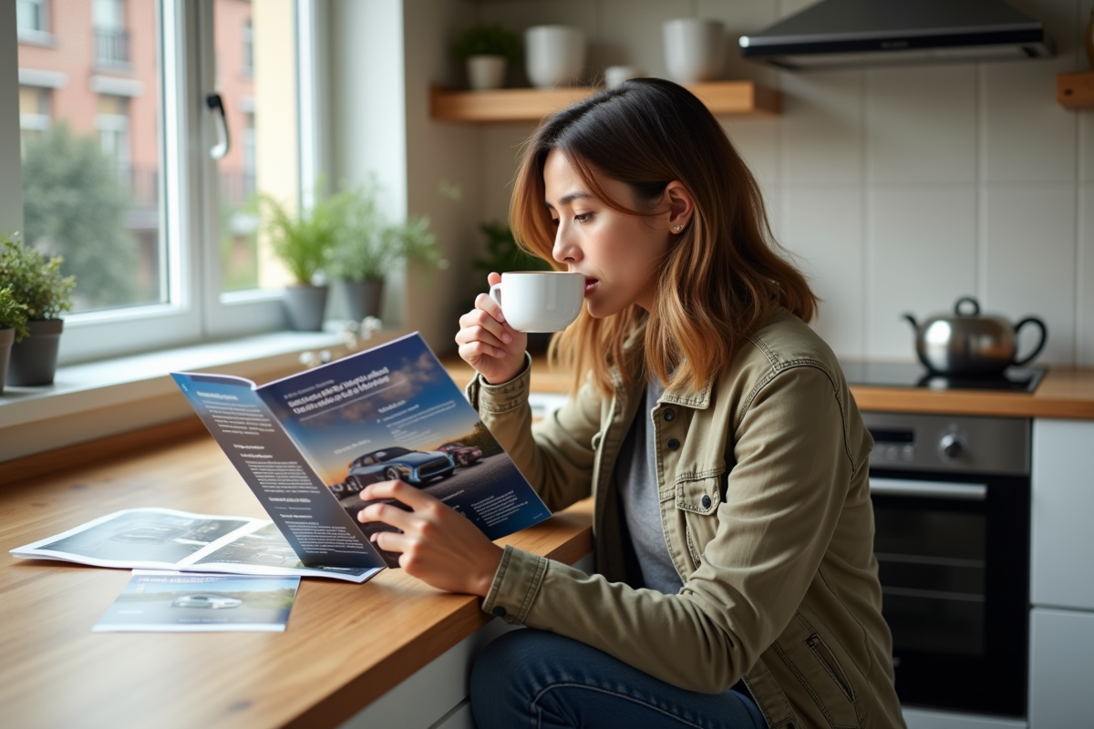 Femme comparant brochures de voitures dans sa cuisine
