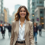 Femme confiante en ville avec blazer beige