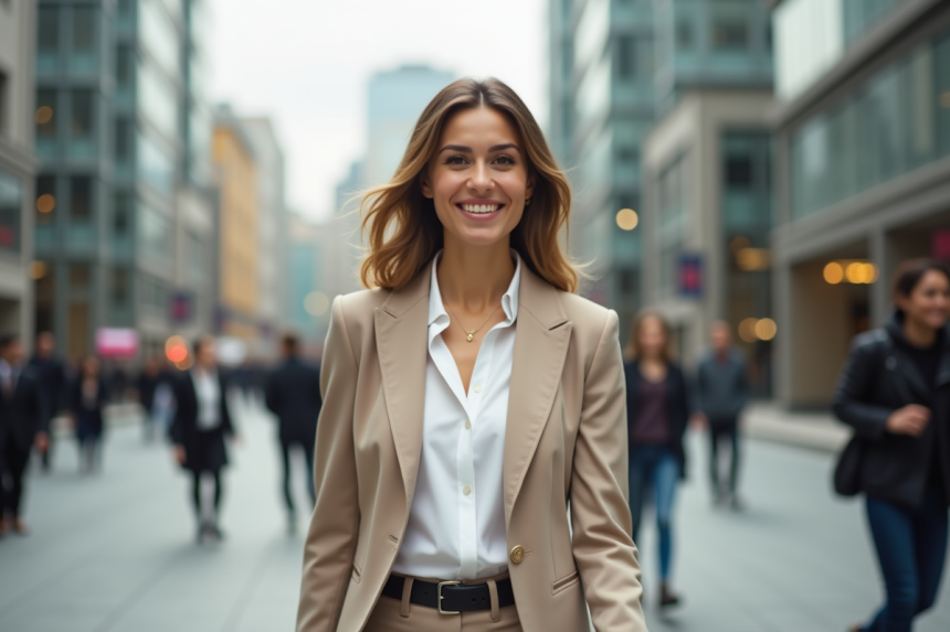 Femme confiante en ville avec blazer beige