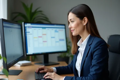 Femme professionnelle configurant un calendrier Outlook avec semaines paires et impaires sur ordinateur de bureau