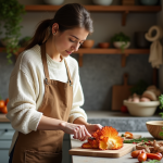 Femme en cuisine tranchant un champignon crésted coral